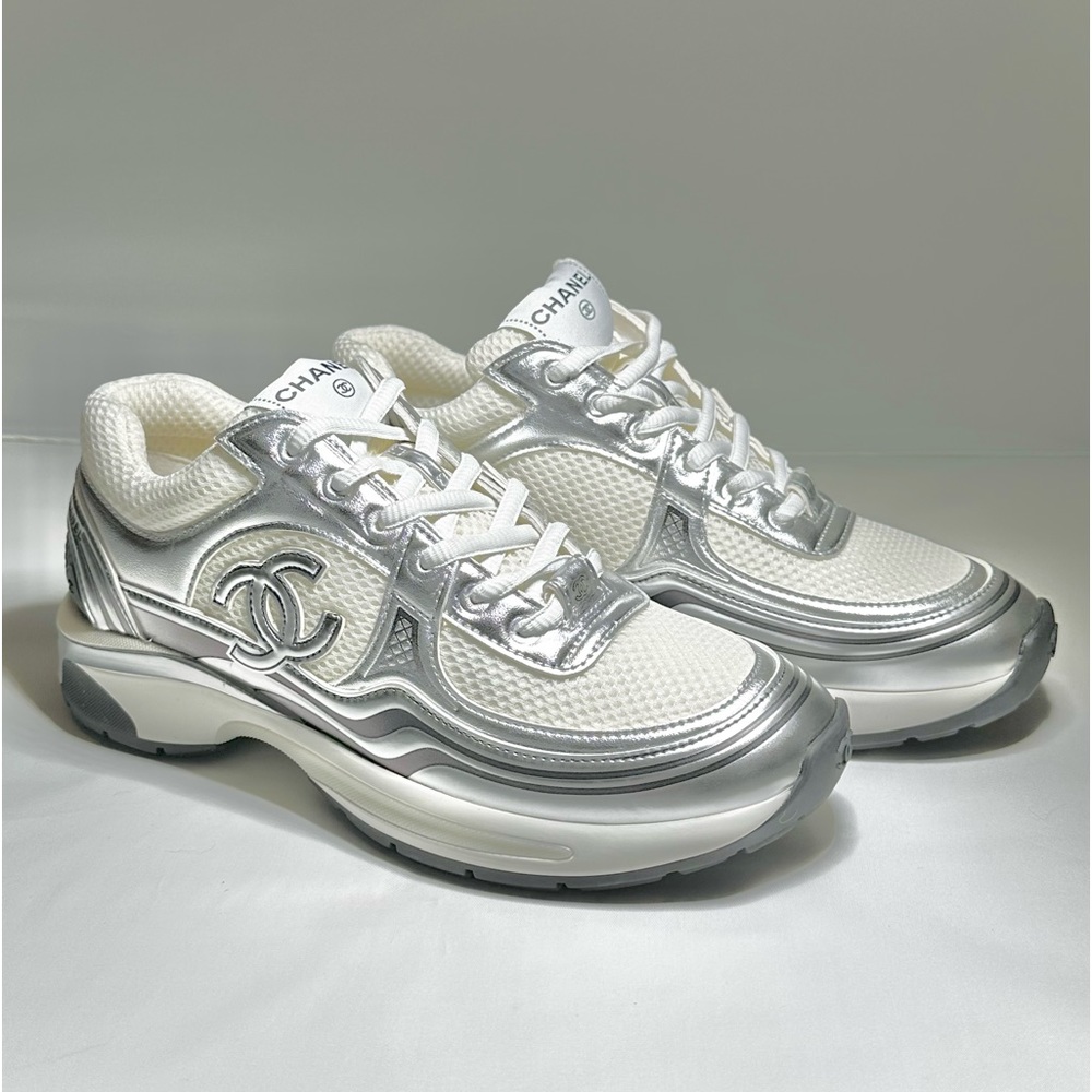 NEW Authentic Women’s Chanel Sneakers Size 38 Euro (7.5 US). Silver/White.